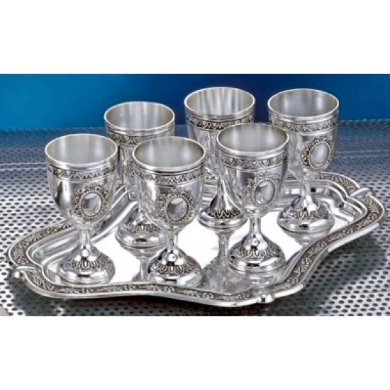 Set  Bandeja 30 cm, 6 tazas 12 cm  Bañado en Plata